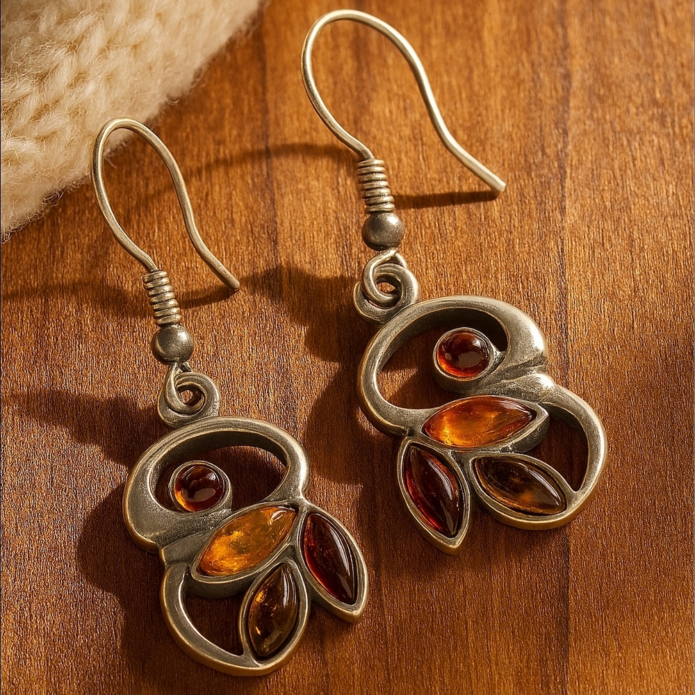 Vintage Amber Leaf Earrings Artisan Silver Abstract 1970s Modernist